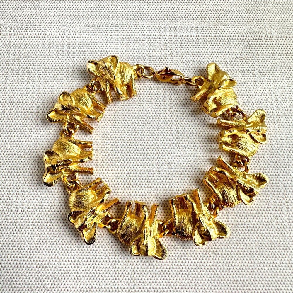 Vintage Elephant Bracelet, Gold Tone Link, Textured Finish, 7 Inch Safari Jewely - Picture 5 of 10